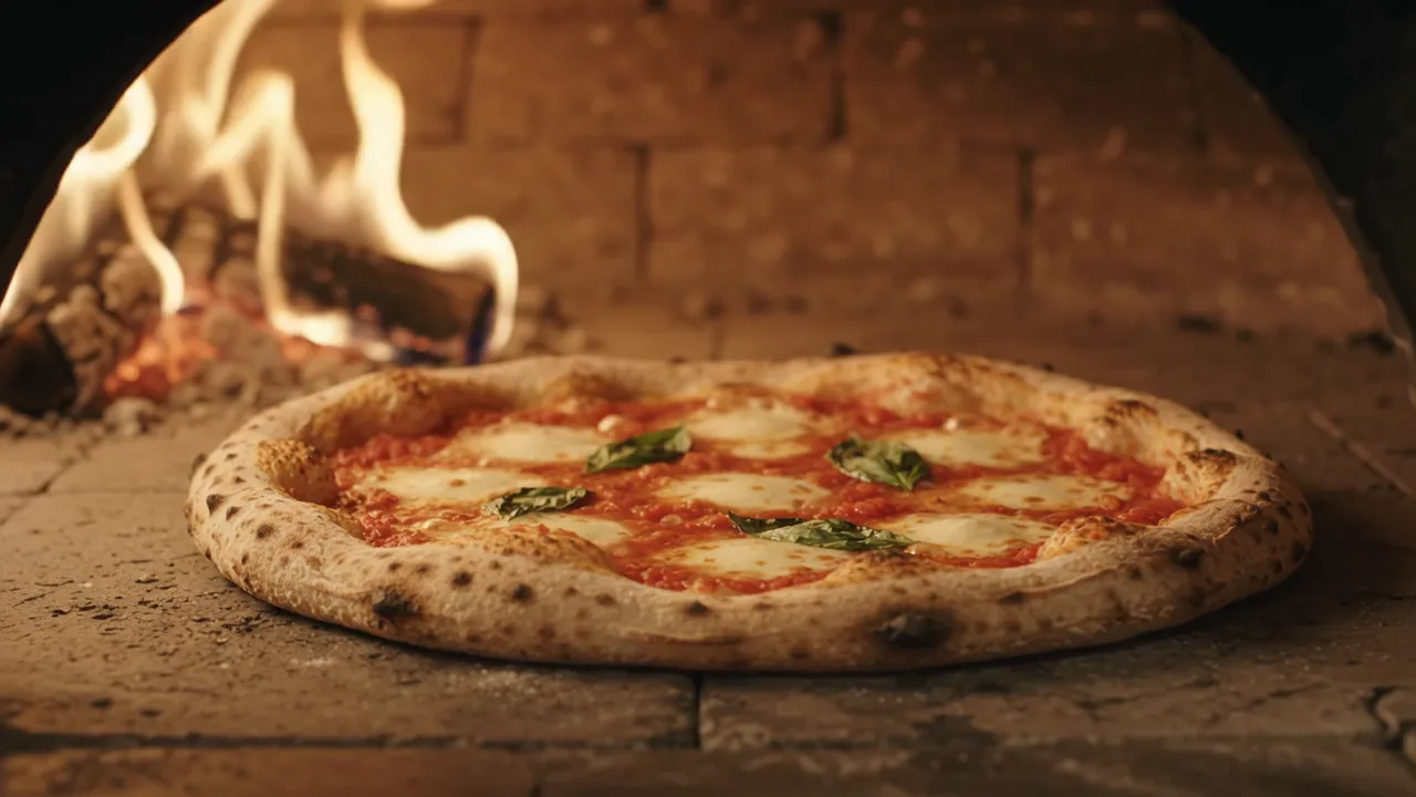 Eine neapolitanische Pizza im warm beleuchteten Pizzaofen